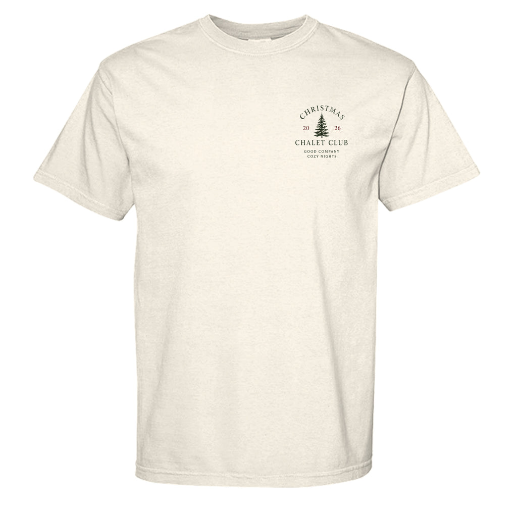 Christmas Chalet Club vintage graphic tee in ivory — front view