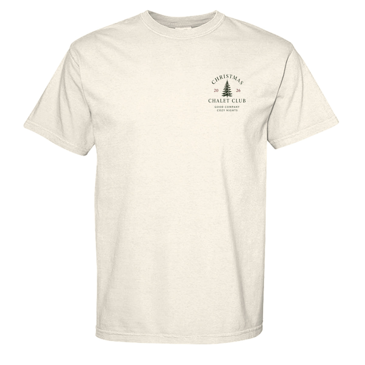 Christmas Chalet Club vintage graphic tee in ivory — front view