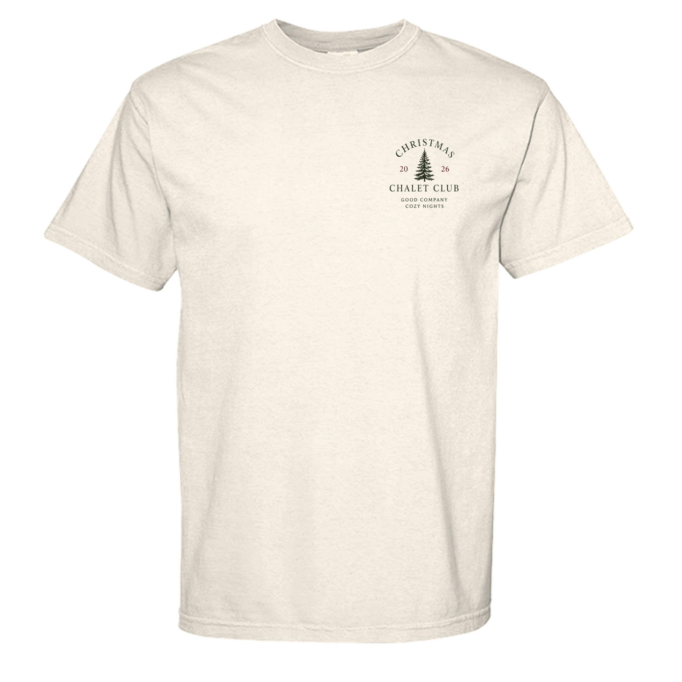 Christmas Chalet Club vintage graphic tee in ivory — front view