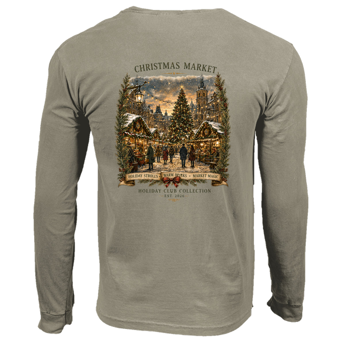Christmas Market long sleeve tee in sandstone — back view