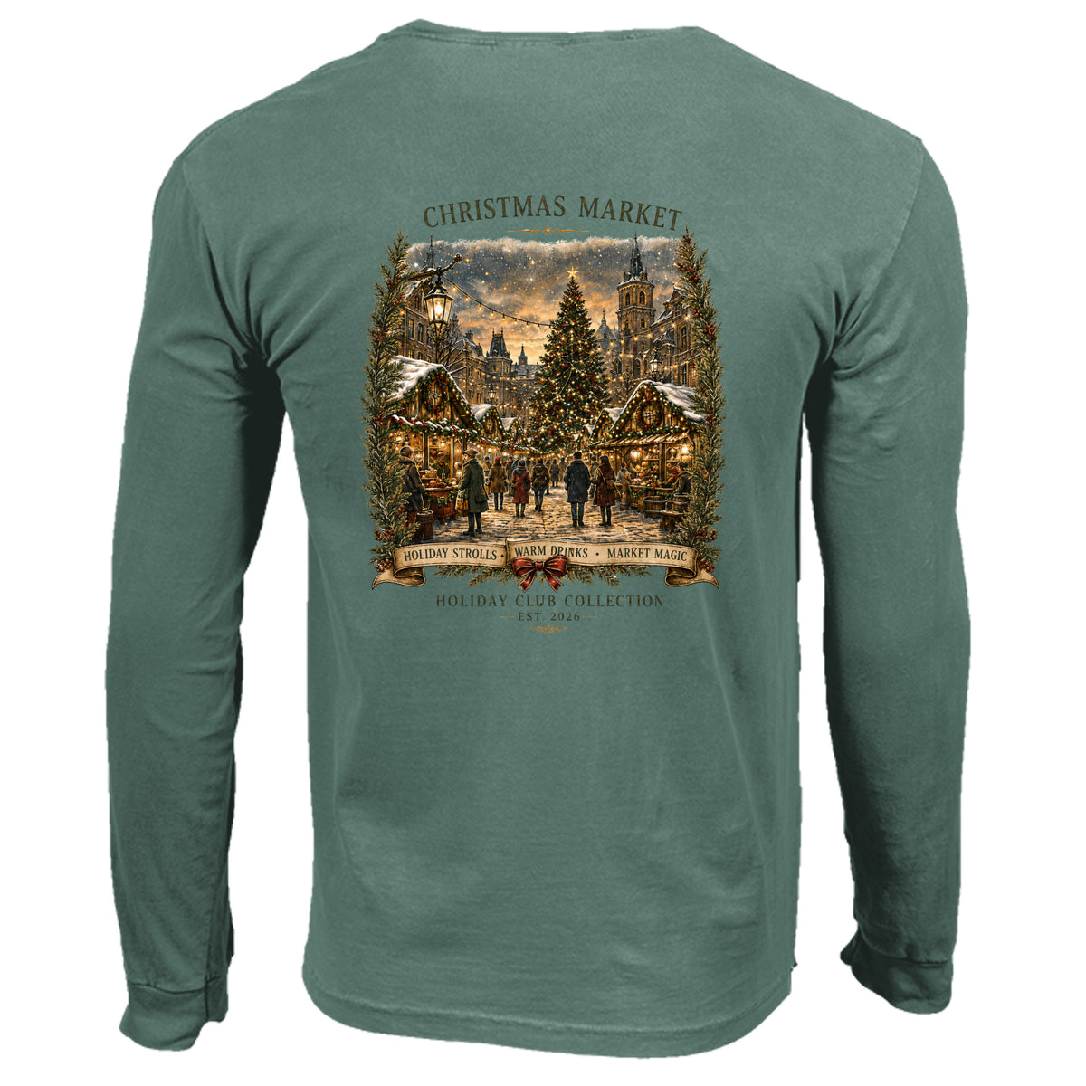 Christmas Market long sleeve tee in light green — back view