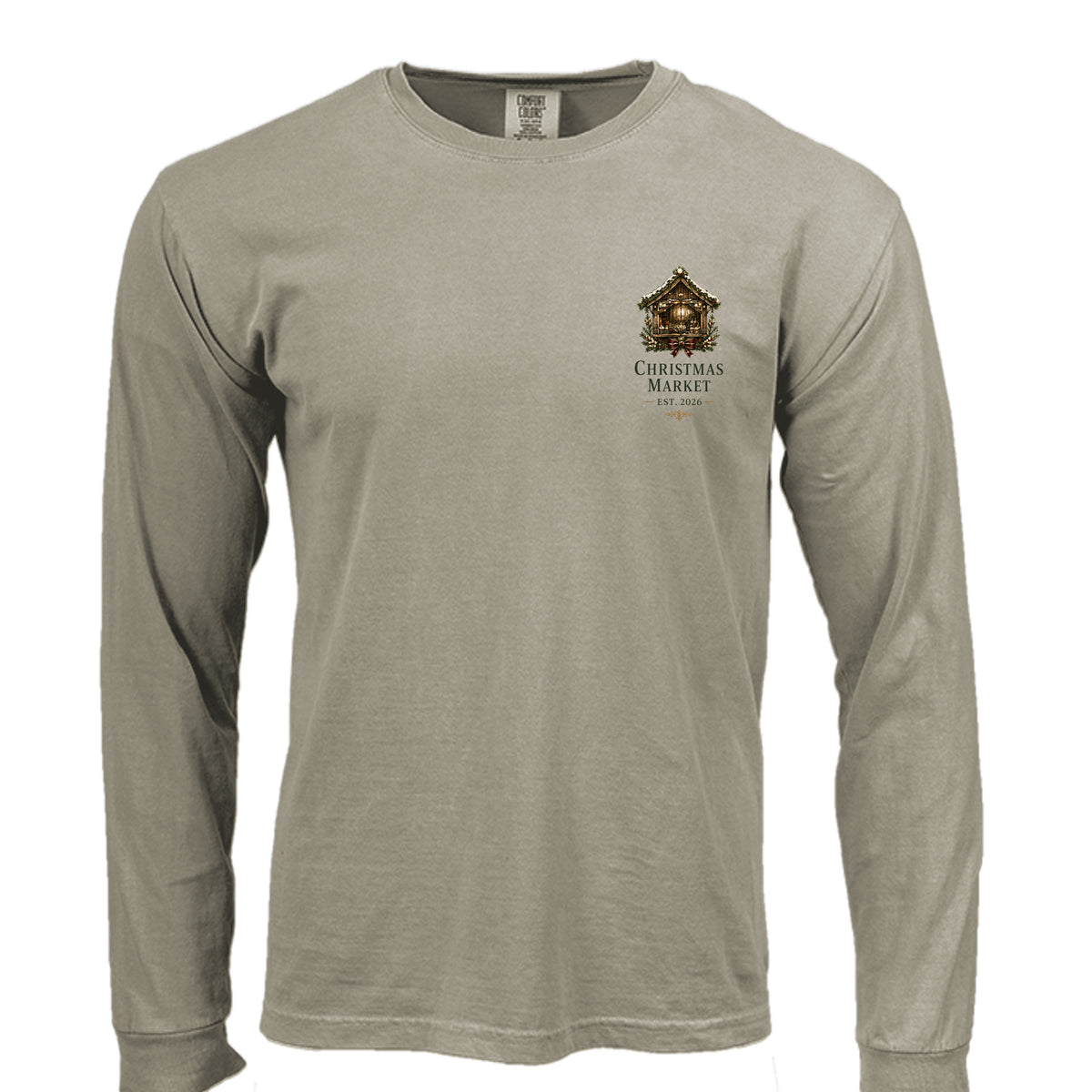 Christmas Market long sleeve tee in sandstone — front view