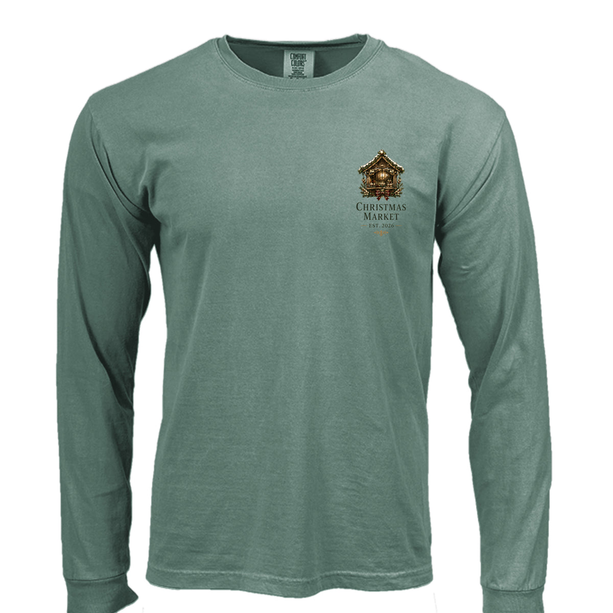 Christmas Market long sleeve tee in light green — front view