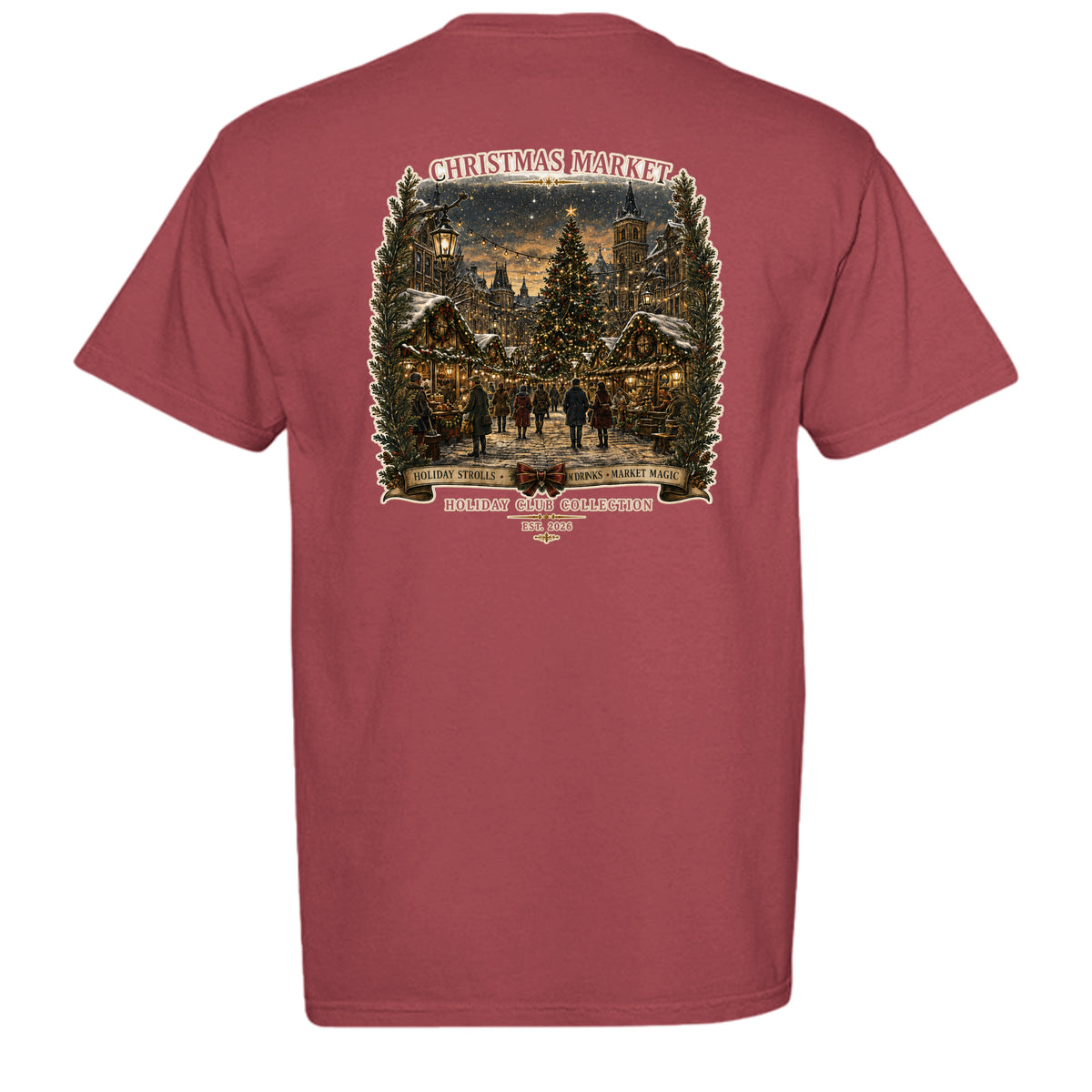 Christmas Market vintage graphic tee in crimson — back view
