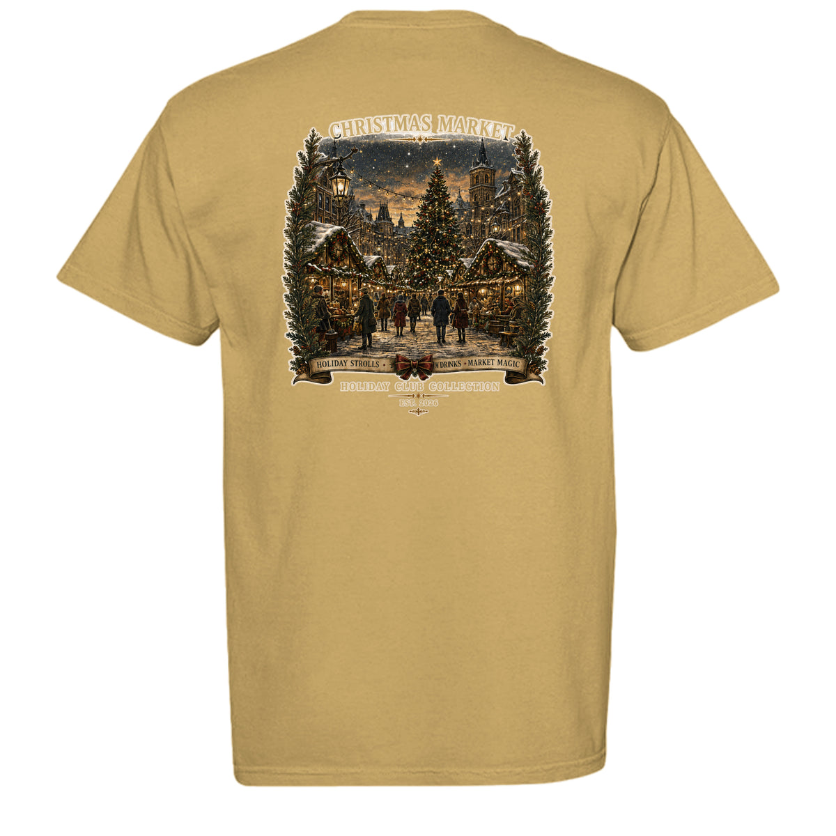 Christmas Market vintage graphic tee in mustard — back view