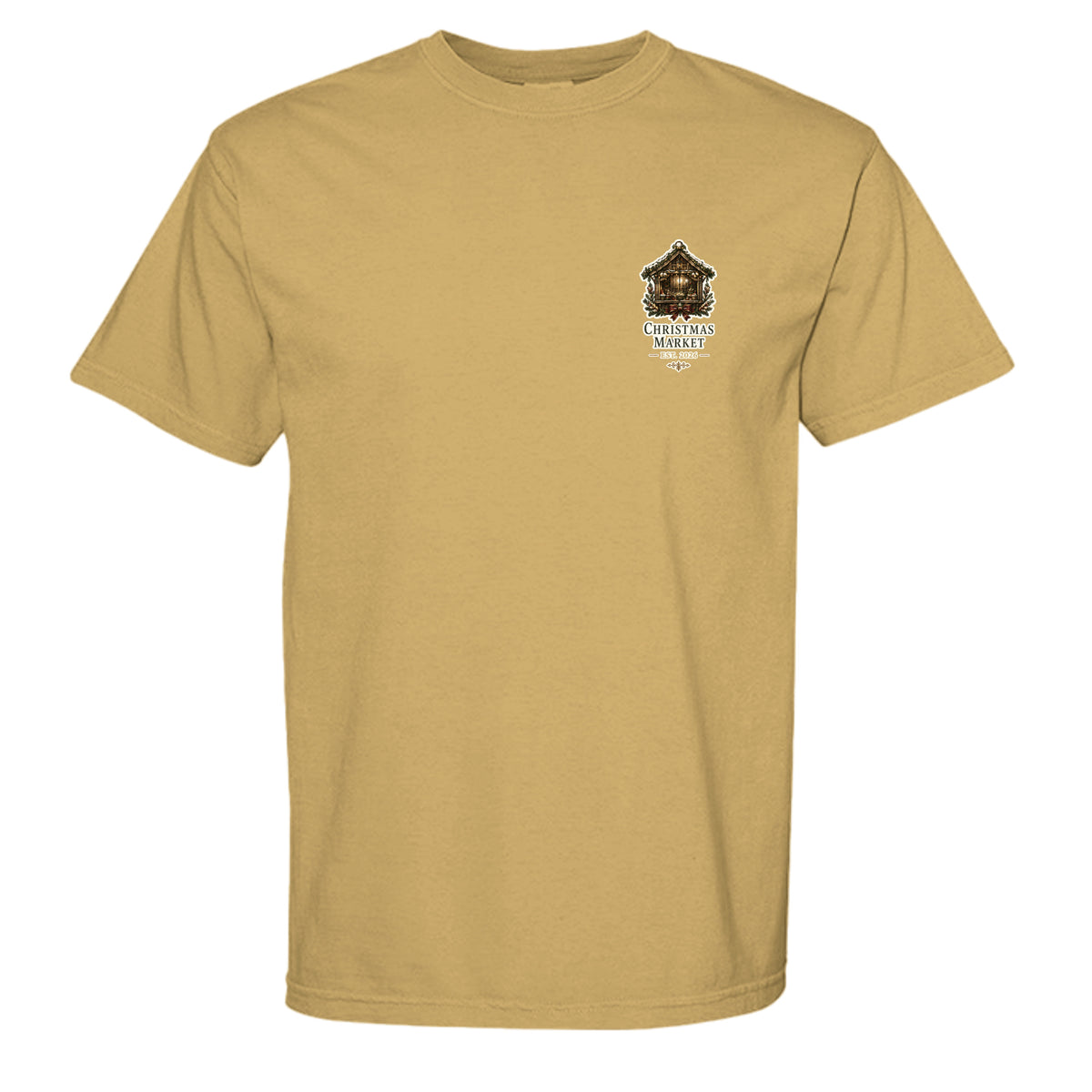 Christmas Market vintage graphic tee in mustard — front view