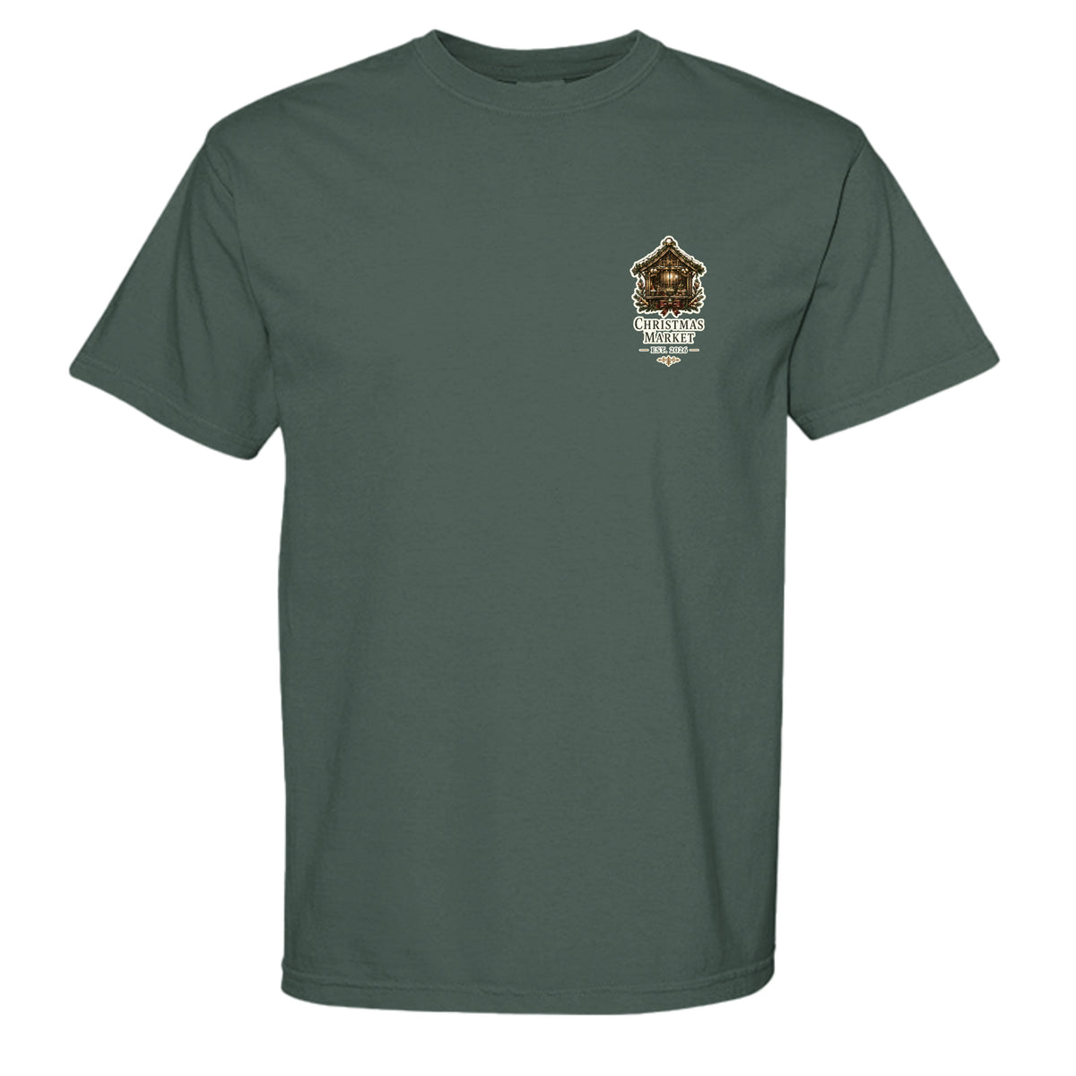 Christmas Market vintage graphic tee in blue spruce — front view