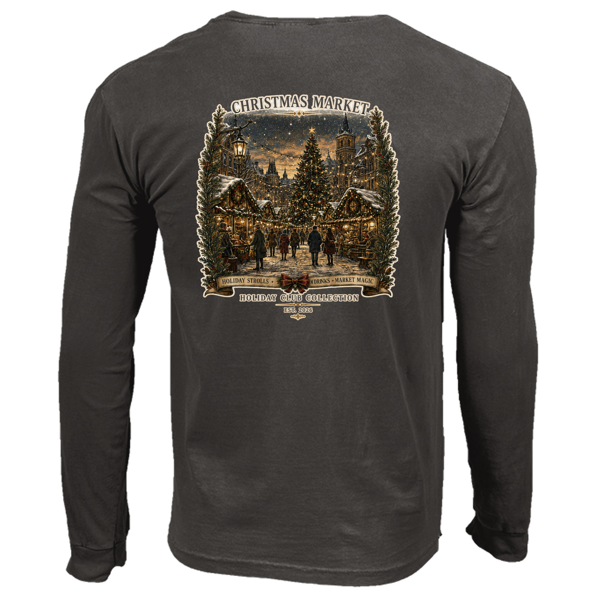 Christmas Market long sleeve tee in pepper — back view