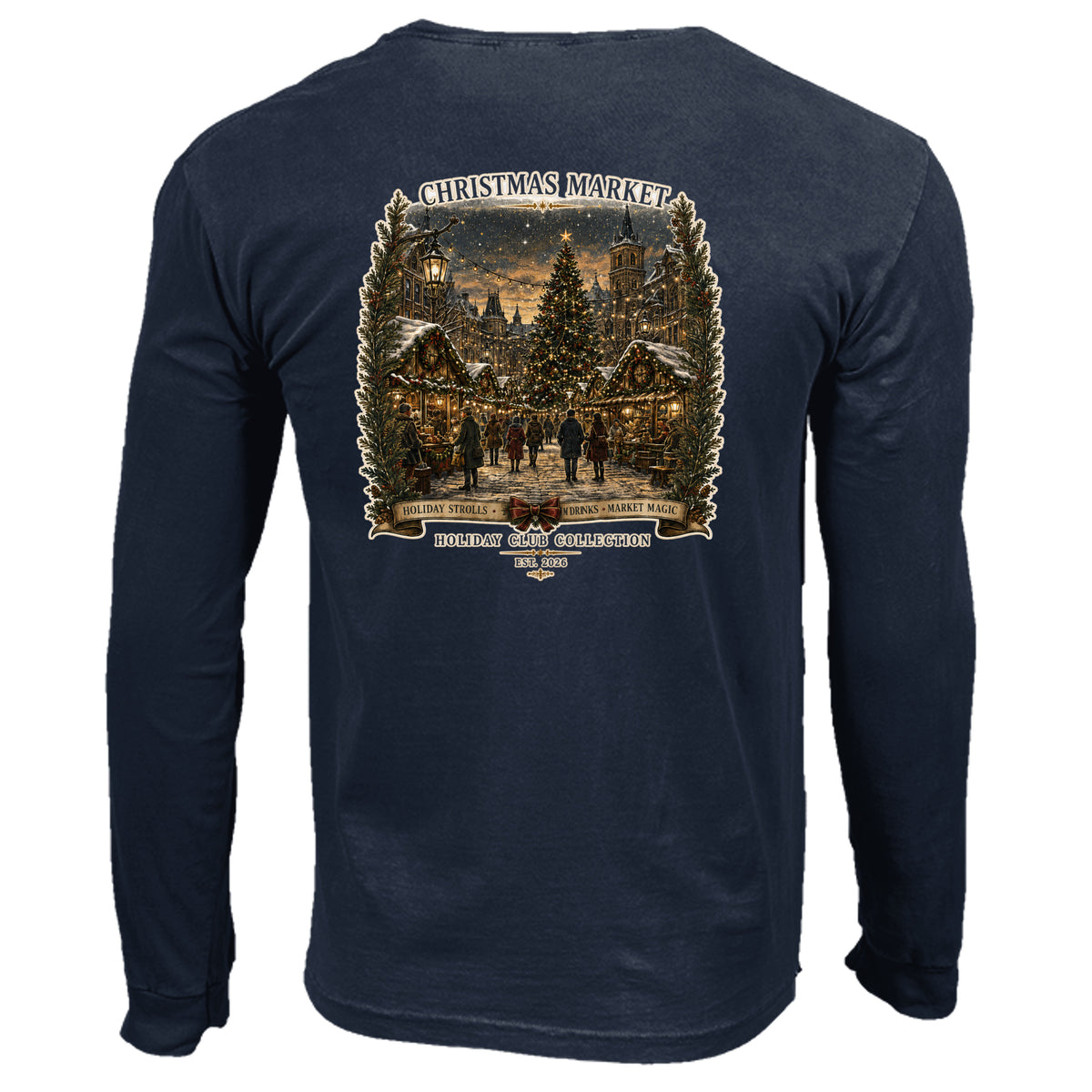 Christmas Market long sleeve tee in true navy — back view