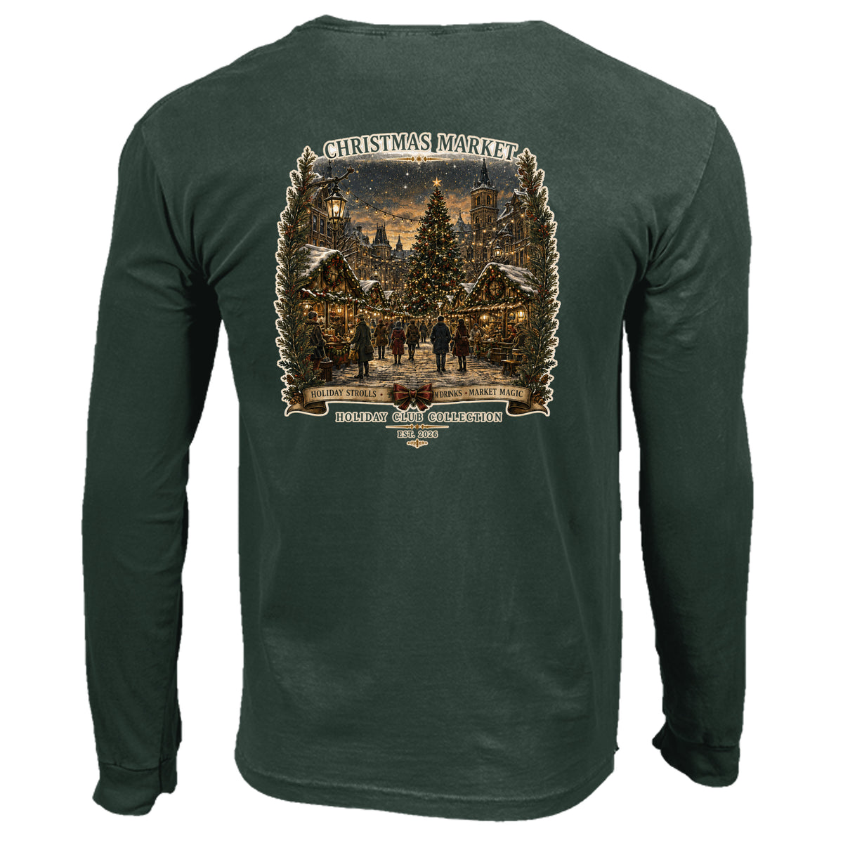 Christmas Market long sleeve tee in blue spruce — back view