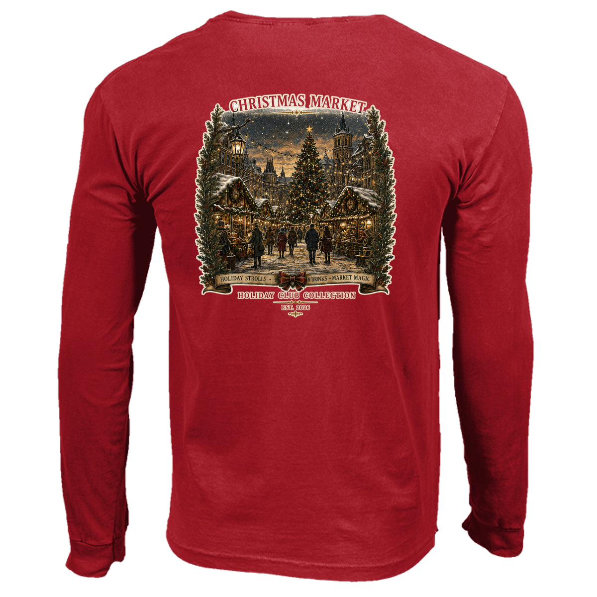 Christmas Market long sleeve tee in red — back view