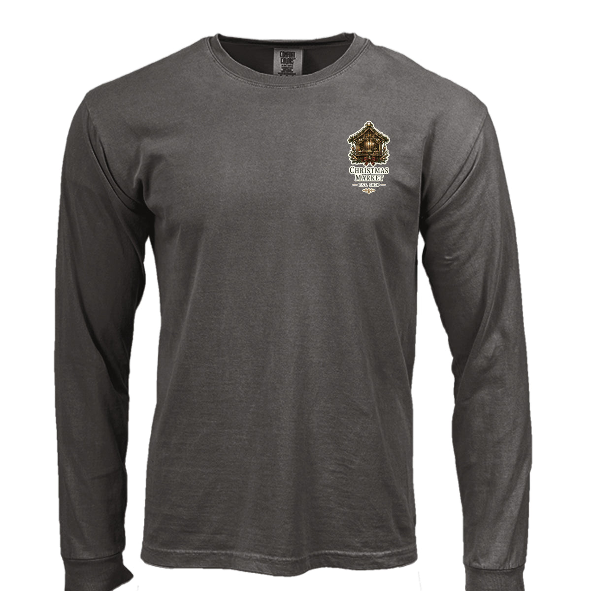 Christmas Market long sleeve tee in pepper — front view