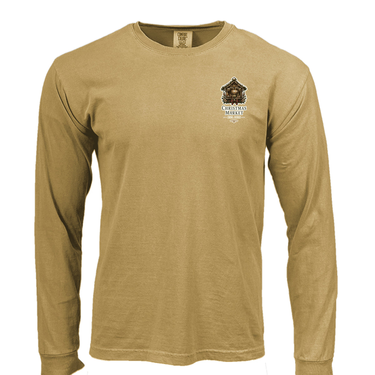 Christmas Market long sleeve tee in mustard — front view