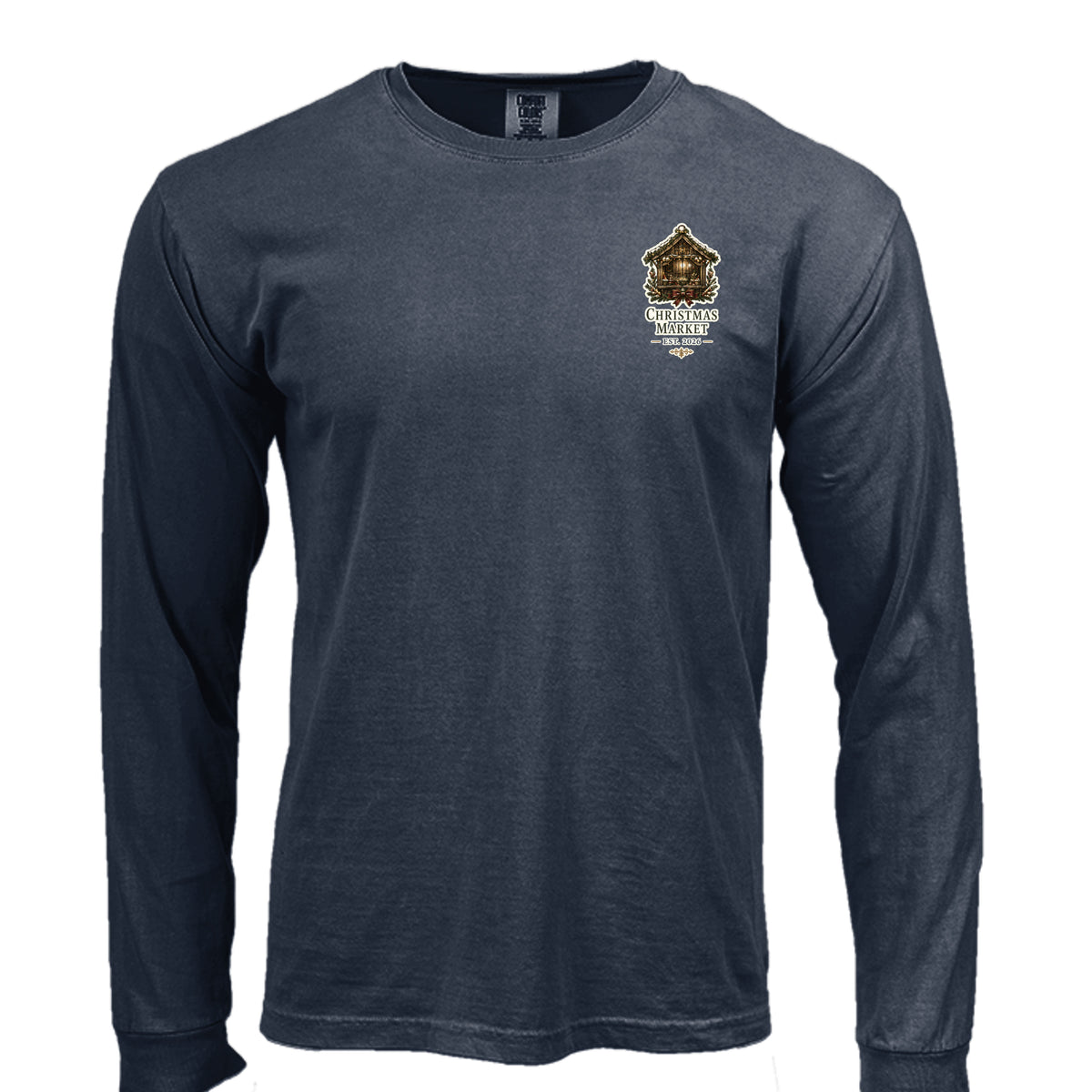 Christmas Market long sleeve tee in true navy — front view