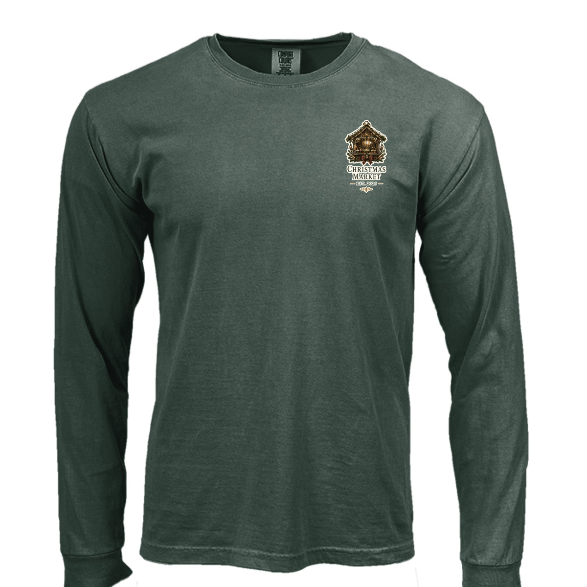 Christmas Market long sleeve tee in blue spruce — front view