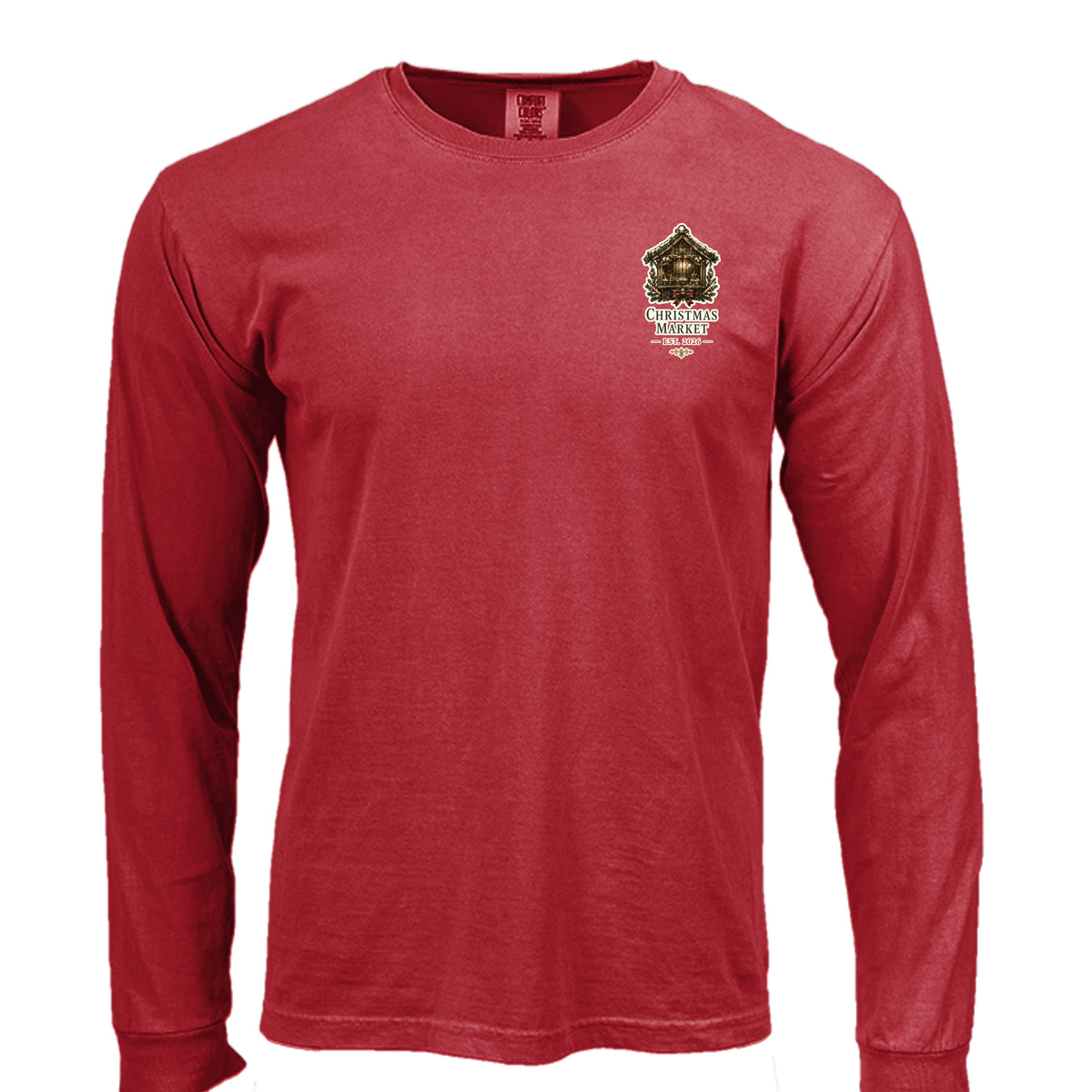 Christmas Market long sleeve tee in red — front view