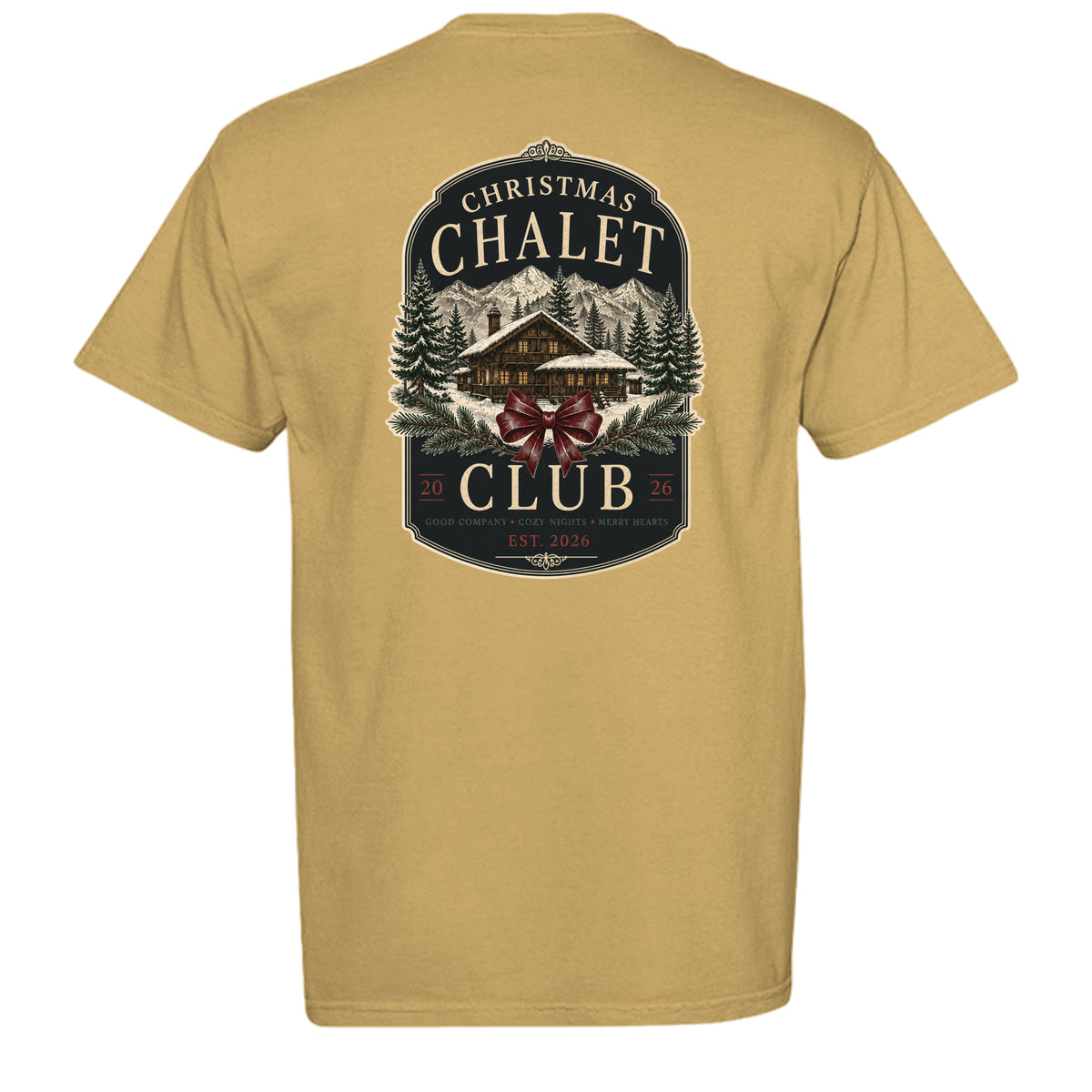 Christmas Chalet Club vintage graphic tee in mustard — back view