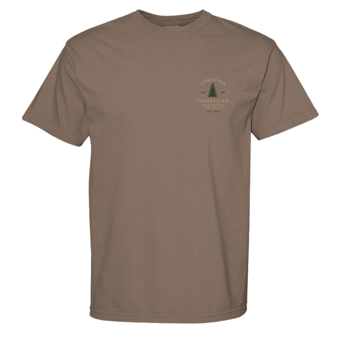 Christmas Chalet Club vintage graphic tee in espresso — front view