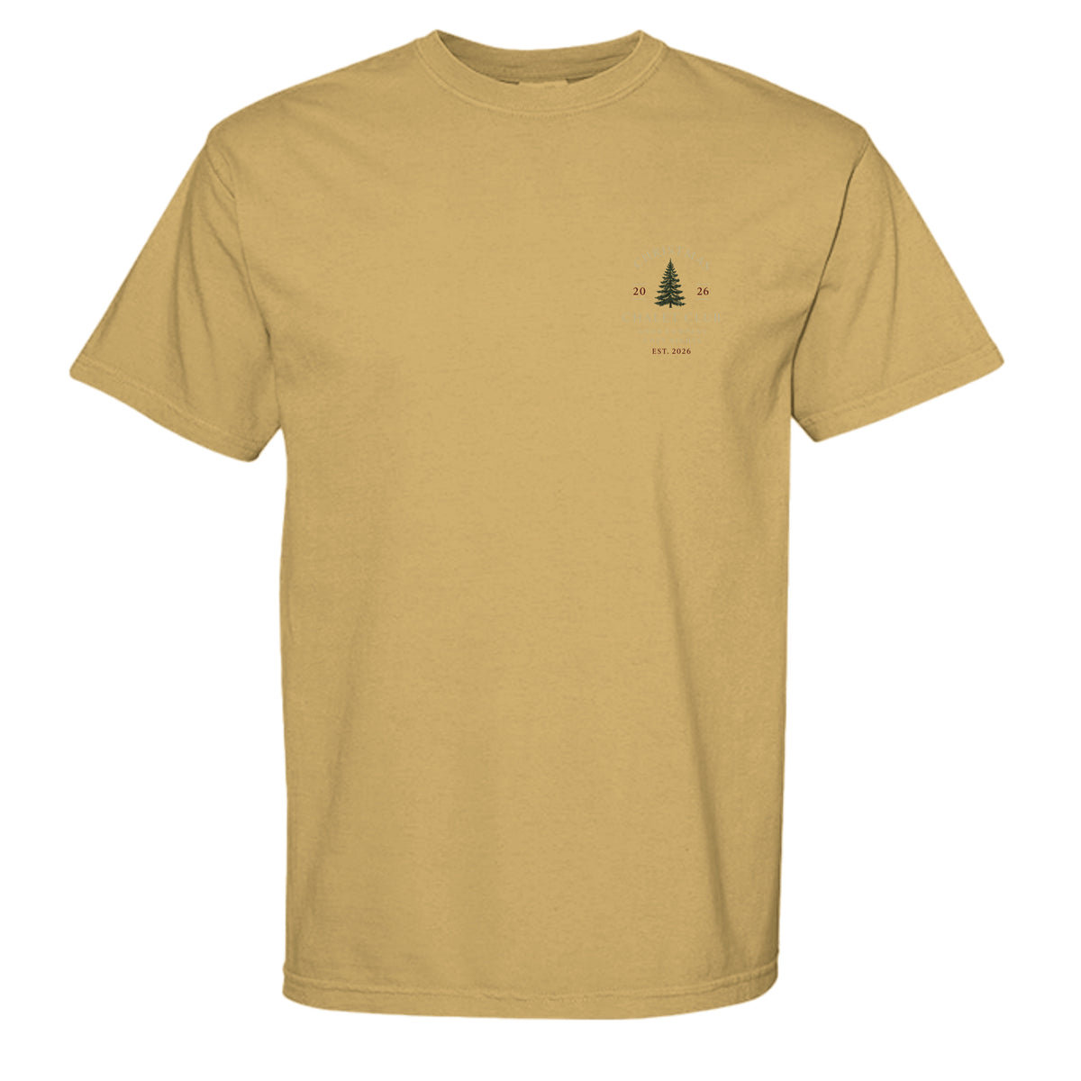 Christmas Chalet Club vintage graphic tee in mustard — front view