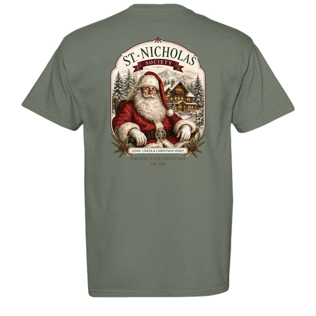St Nicholas vintage graphic tee in sage — back view
