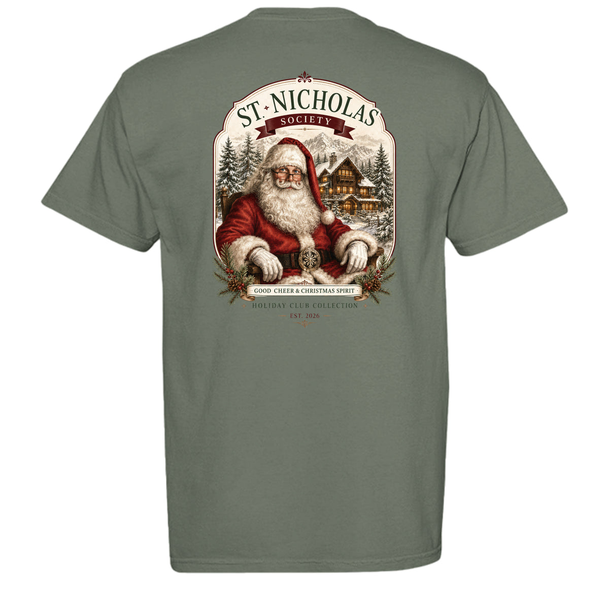 St Nicholas vintage graphic tee in sage — back view