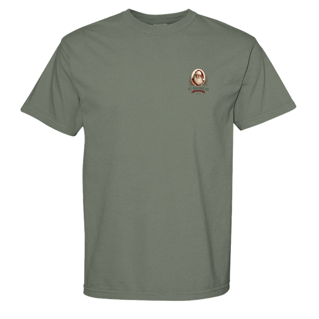 St Nicholas vintage graphic tee in sage — front view