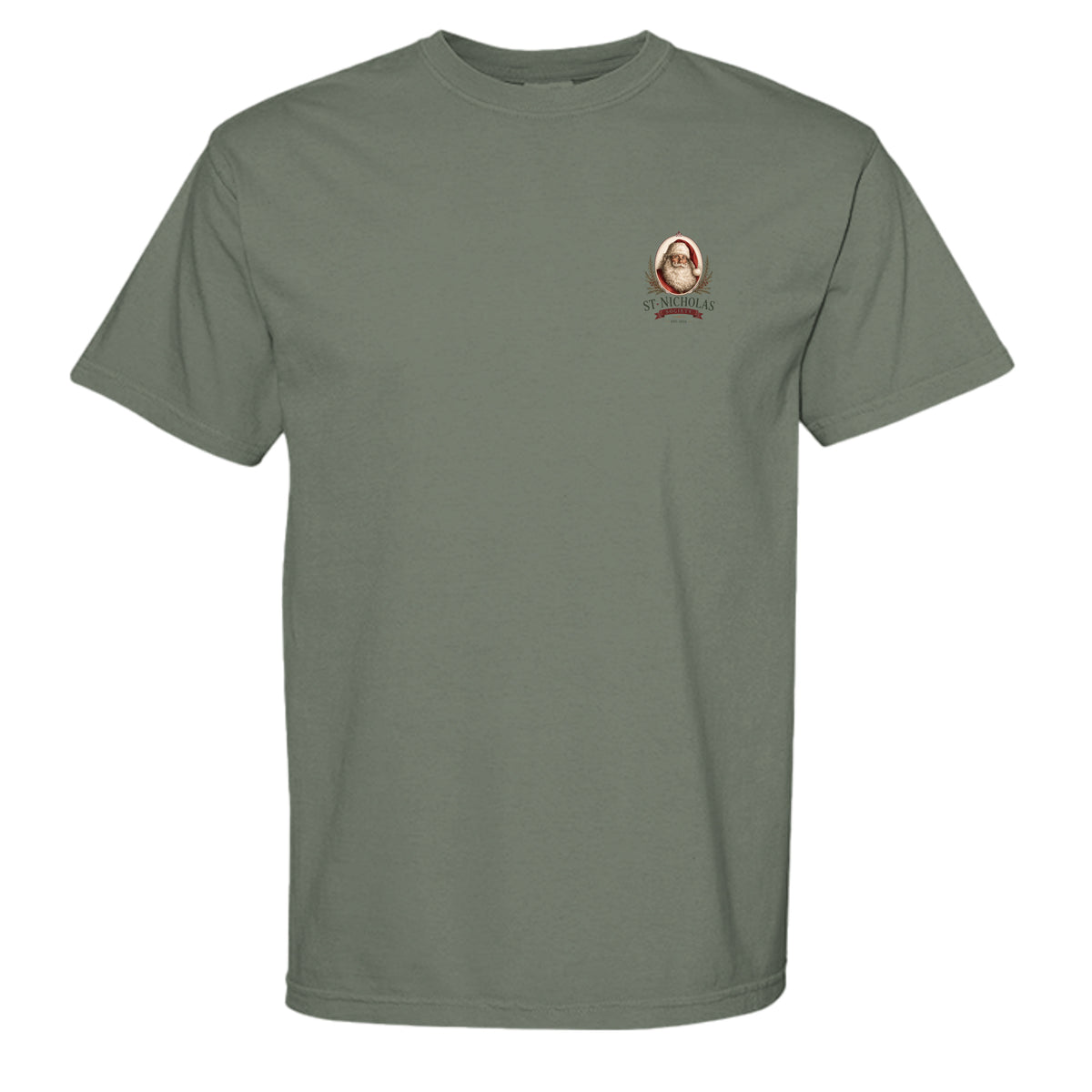 St Nicholas vintage graphic tee in sage — front view