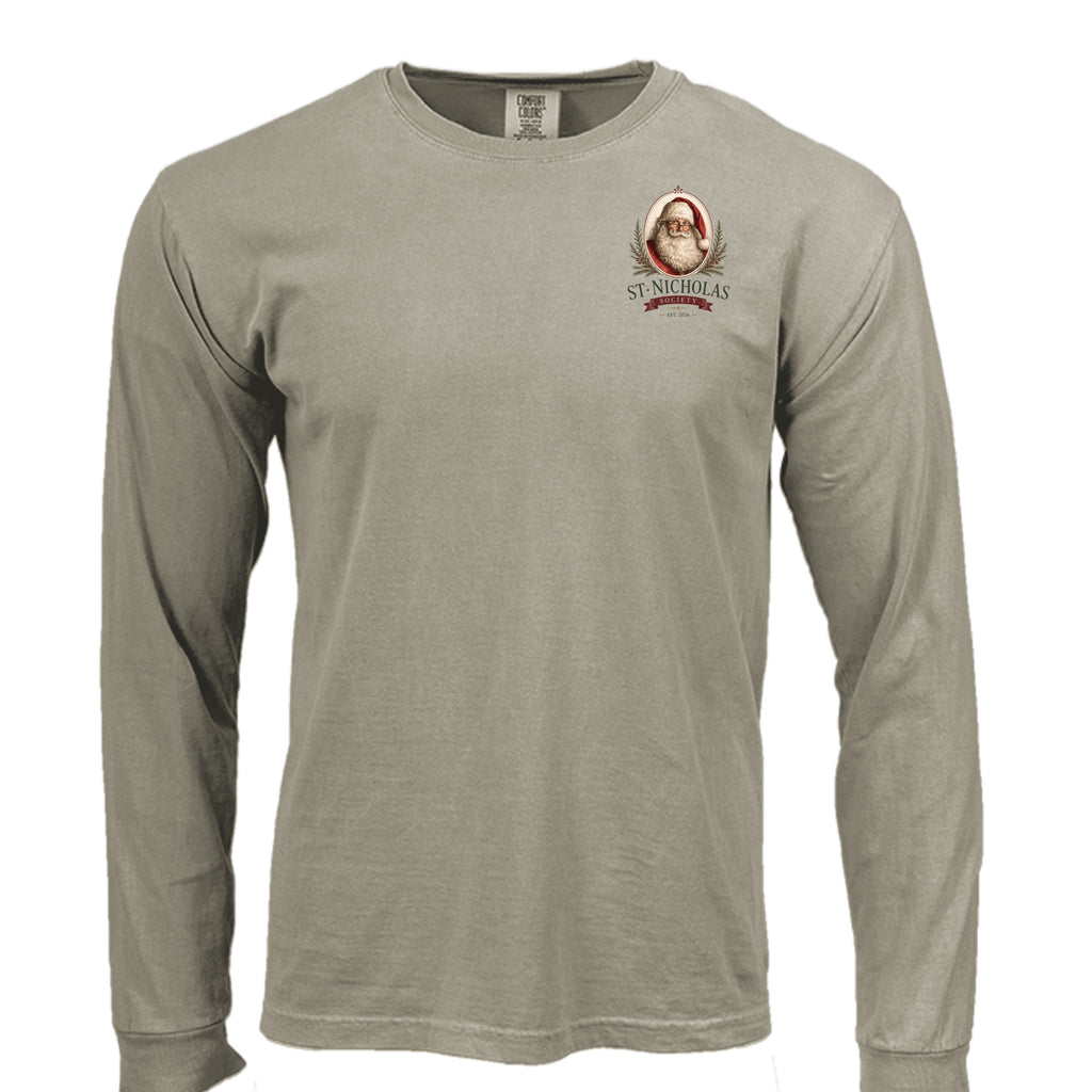 St Nicholas long sleeve tee in sandstone — front view