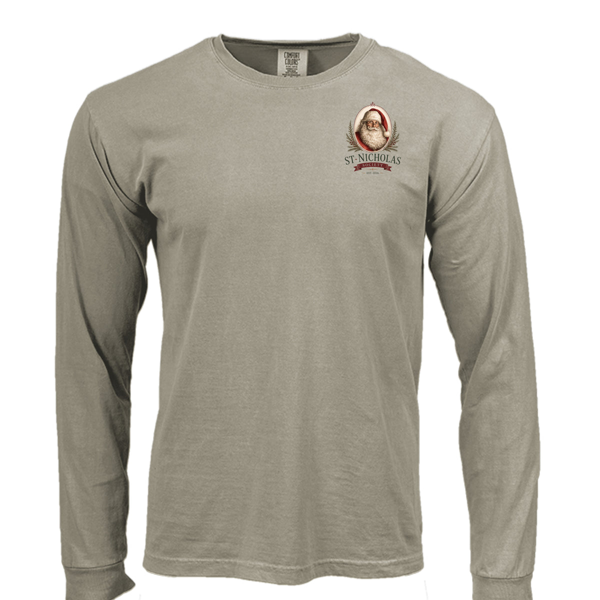 St Nicholas long sleeve tee in sandstone — front view
